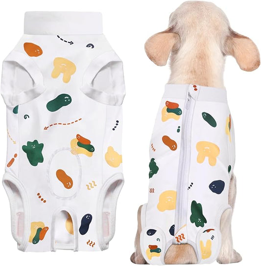 Recovery Suit for Dogs, Dog Surgery Recovery Suit with Zipper Closure Post Spay, Neuter, Abdominal Surgical Suit for Male Female Dogs Can Pee, Prevent Licking Dog Onesies, White Bear, XS