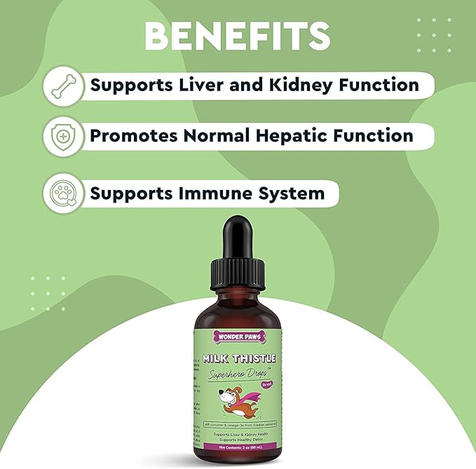 Milk Thistle, Liver Support for Dogs, Supports Kidney Function for Pets, Detox, Hepatic Support, with Wild Alaskan Salmon Oil & Curcumin, Omega 3 EPA & DHA (2, Ounces)