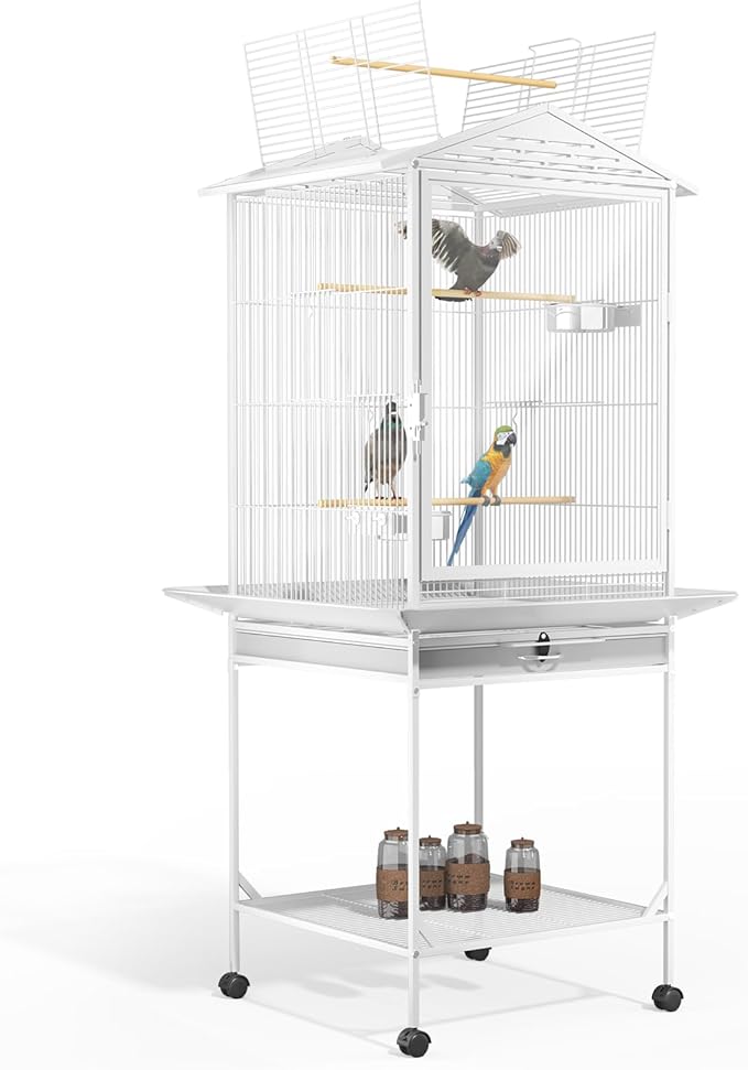 MoNiBloom 54 Inch Bird Cage w/Acrylic Door, Open Top Roof Birdcage for Finches Canaries Lovebirds Medium Small Parrots, Flight Birdcage w/Rolling Stand, White