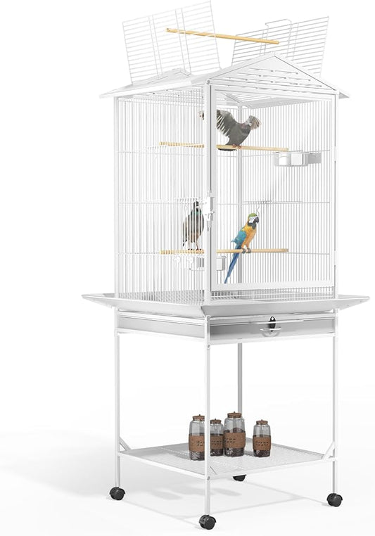 MoNiBloom 54 Inch Bird Cage w/Acrylic Door, Open Top Roof Birdcage for Finches Canaries Lovebirds Medium Small Parrots, Flight Birdcage w/Rolling Stand, White