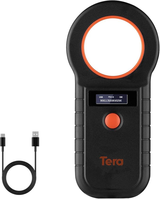 Tera Animal Tag Reader Pet Microchip Scanner with OLED Display Screen Portable RFID Rechargeable Data Storage 2.4G Wireless & Wired USB EMID FDX-B(ISO11784/85) for Animal Management, Black W90D