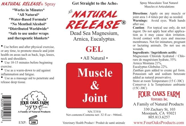 Natural Release Muscle Gel Treatment - Horse Liniment for Sore Muscles, Joint Pain, and Tendons - Easy to Use, Fast Acting, Alcohol & Menthol Free (32 oz)