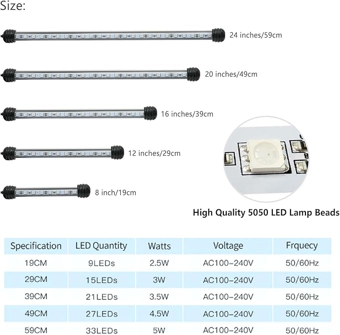 Smart Submersible Aquarium Light with App Timer, 19 Inches LED Fish Tank Light, RGB 16 Million Colors Changing, 7/24 On/Off Automatic, Aquarium Lighting