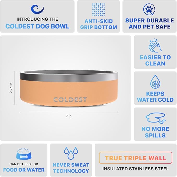 Coldest Dog Bowl - Anti Rust Metal & Non Slip Dog Bowls Large, Spill Proof Heavy Duty 3 Layers Insulated Dog Bowl - Food and Water Bowl for Dogs, Cats & Pets, Dishwasher Safe (42 oz, Sahara Peach)