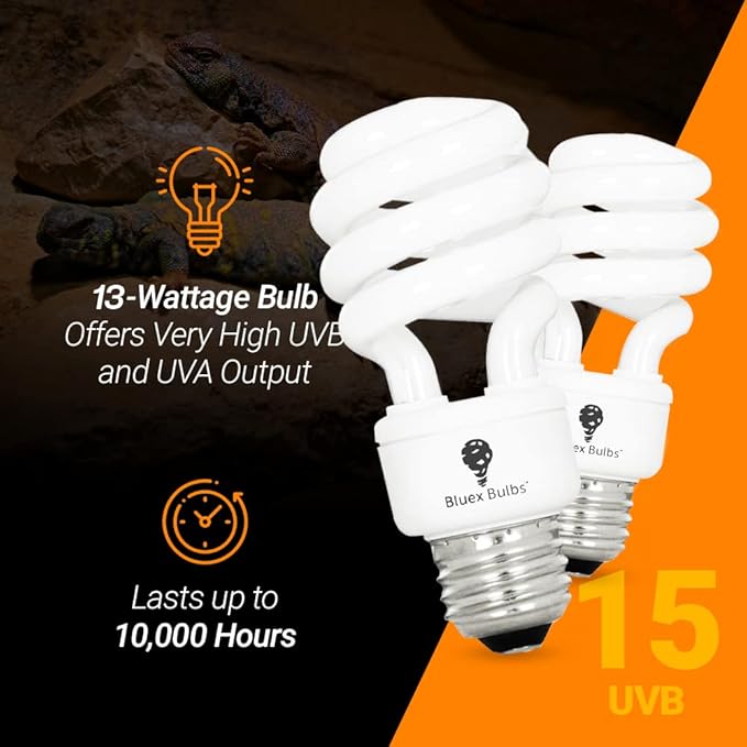 2 Pack 13-Watt Reptile Bulb Intense UVA UVB Light - 15.0 UVB Reptile Light Compact Florescent Terrarium Bulb Suitable for Desert Reptiles & Amphibians Promotes Natural Behavior CFL Bulb (13 Watt 15.0)