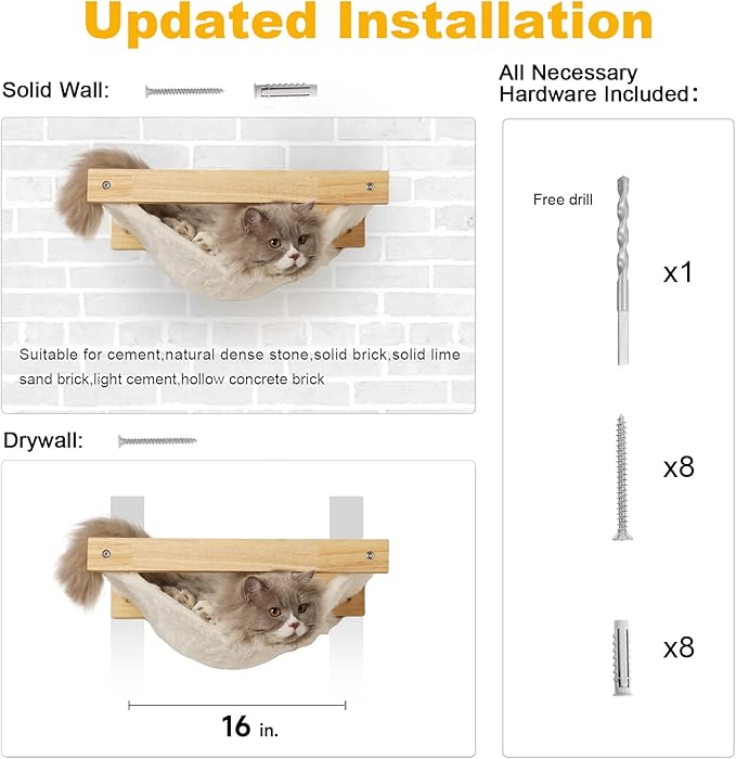 FUKUMARU Cat Hammock Wall Mounted, 18 x 14 in Kitty Beds and Perches, Wooden Cat Wall Furniture, Larger Version Cat Wall Shelves with Extra Cloth, Suitable for 16 inch Drywall Installation