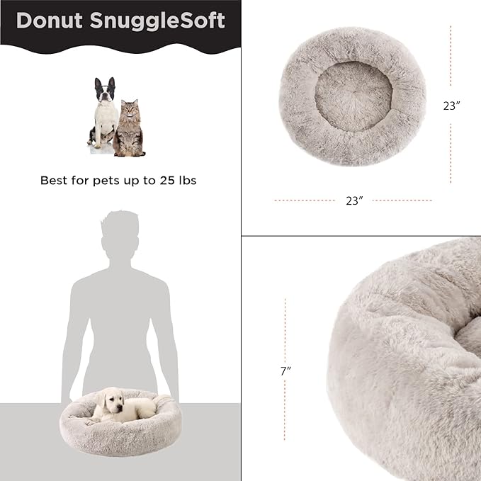 Best Friends by Sheri SnuggleSoft Faux Rabbit Fur Memory Foam Calming Donut Bed for Dogs and Cats, Brown, 23" x 23"