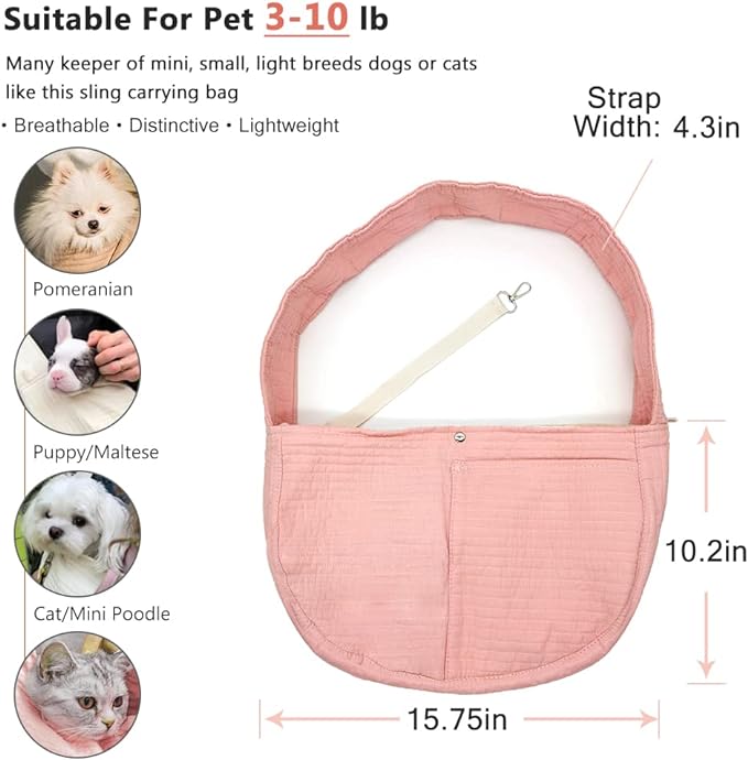 NATUYA Small Dog Carrier Sling Dog Sling Carrier for Small Dogs Puppies Cats, Big Pouch Safety Leash Pet Sling Carrier for Walking Outdoor Travel (Pink, Canvas)