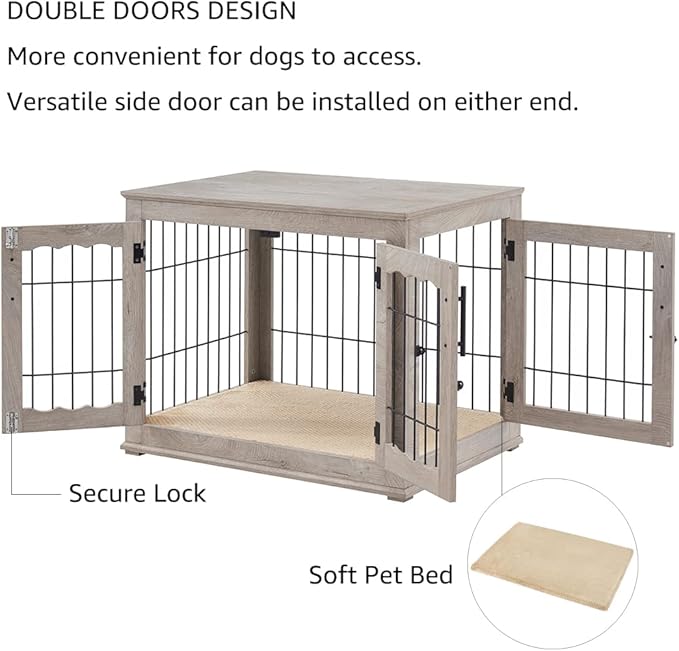 beeNbkks Furniture Style Dog Crate End Table, Double Doors Wooden Wire Dog Kennel with Pet Bed, Decorative Pet Crate Dog House Indoor Medium Large