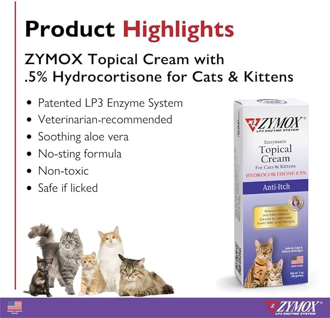 Zymox Enzymatic Anti-Itch Topical Cream with 0.5% Hydrocortisone for Cats & Kittens, 1 oz. – Multi-Purpose Cream for Hot Spots, Itchiness, Rashes, Skin Irritation, Allergies & Insect Bites