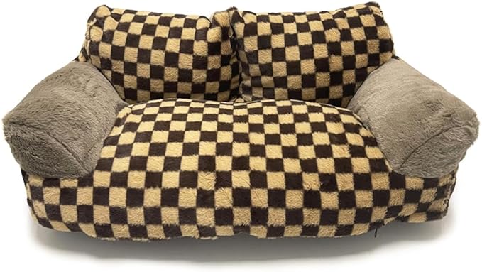 Pet Couch Sofa Bed, Checkers Plaid Washable Cat Beds for Medium Small Dogs & Cats Durable Plush Cat Couch Pet Sofa Bed Puppy Sleeping Bed Soft Anti-Slip (Khaki Plaid)