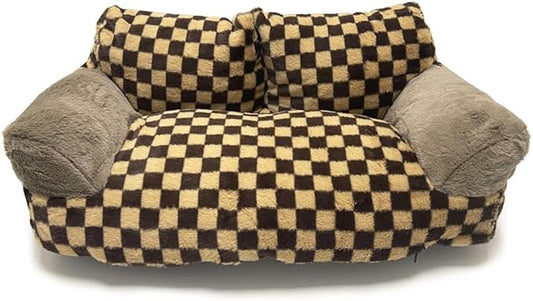 Pet Couch Sofa Bed, Checkers Plaid Washable Cat Beds for Medium Small Dogs & Cats Durable Plush Cat Couch Pet Sofa Bed Puppy Sleeping Bed Soft Anti-Slip (Khaki Plaid)