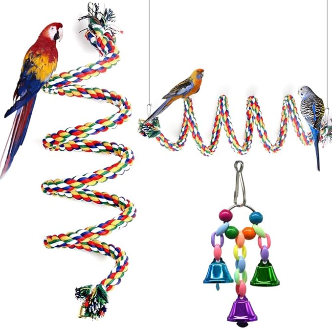 GINXIA Parrot Rope Perch Cotton Rope Bird Perch with Bell Climbing Stand Bar Bird Bungee Toy Parrot Chew Toys (43")