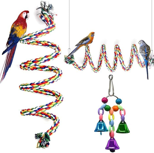 GINXIA Parrot Rope Perch Cotton Rope Bird Perch with Bell Climbing Stand Bar Bird Bungee Toy Parrot Chew Toys (43")