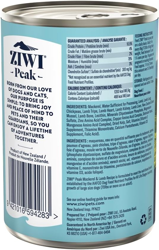 ZIWI Peak Canned Wet Dog Food – All Natural, High Protein, Grain Free, Limited Ingredient, with Superfoods (Mackerel & Lamb, Case of 12, 13.75oz Cans)