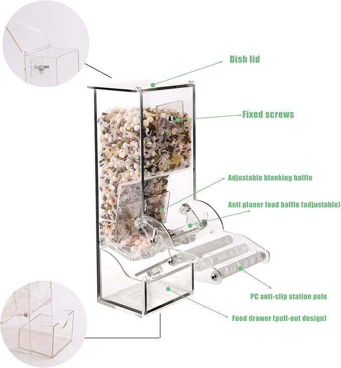 No Mess Bird Feeder Set Automatic Parrot Feeder 6PCS Automatic Bird Cage Feeders Transparent Parakeet Seed Container Food Feeder for Cage with Veggies Skewer Bird Training Feeder