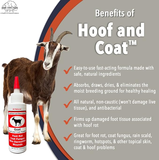 Four Oaks Farm Ventures, Goat Hoof & Coat Powder - Wound Care, Heals/Prevents Foot Rot, Skin Problems - All Natural, Non-Caustic, Easy to Use (2.5 oz)