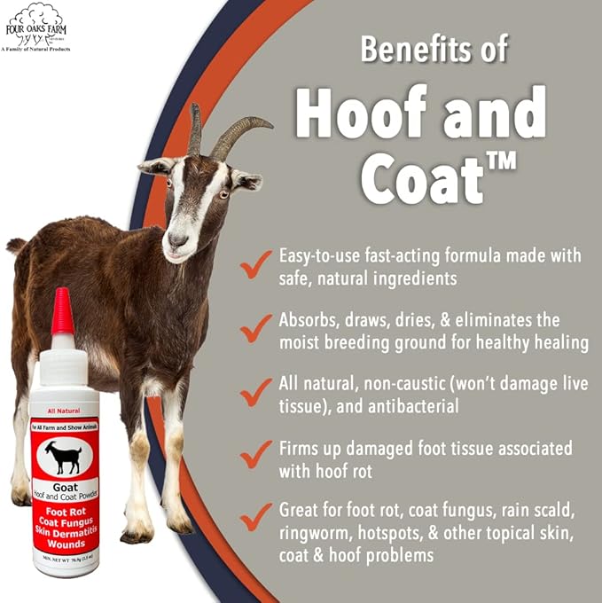 Four Oaks Farm Ventures, Goat Hoof & Coat Powder - Wound Care, Heals/Prevents Foot Rot, Skin Problems - All Natural, Non-Caustic, Easy to Use (2.5 oz)