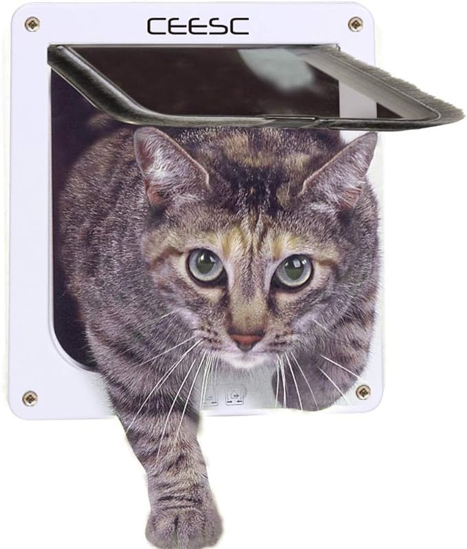 CEESC Cat Flap Door Magnetic Pet Door with 4 Way Lock for Cats, Kitties and Kittens, 3 Sizes and 2 Colors Options (M- Inner size: 6.18"(W) x 6.30"(H), White)
