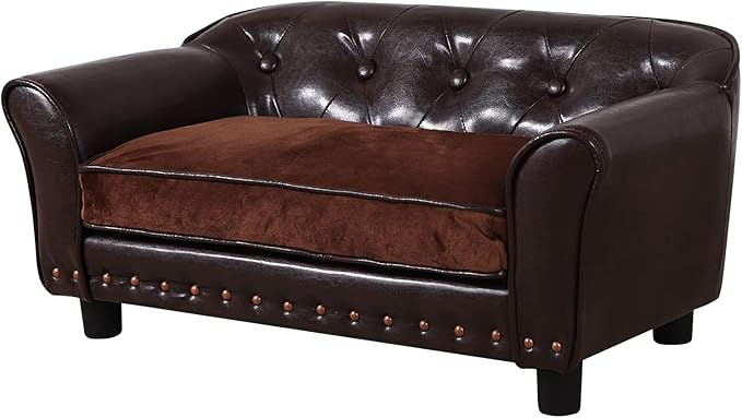 Dog Sofa and Chair/Luxury PU Leather Pet Sofa Chair/with Copper Nail Dog Couch/Wooden Frame Cat Sofa Chair/Dog Sofa Bed with Suede Cushion for Small Dog Using (brown)