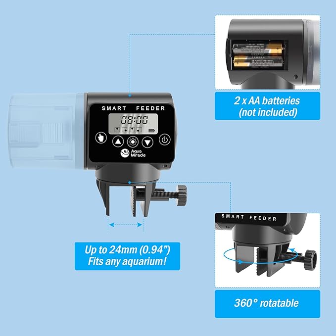 AquaMiracle Programmable Automatic Fish Feeder for Aquarium, Fish Food Timer Fish Food Vacation Feeder Auto Fish Feeder with Digital Display, for Granule Flakes Pallets Strips, Volume Adjustable