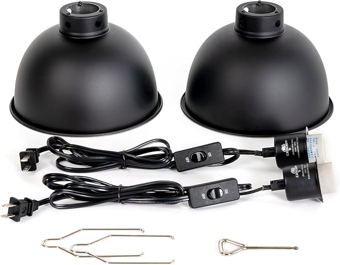 2 Pack Reptile Light Fixture, 8.5in Deep Dome Reptile Lamp Fixture, Optical Reflection Cover, Separate Switche & Hook, Terrarium Light Fixture for Reptile Heat Basking UVB Bulbs, 150W, Black