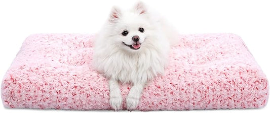 KSIIA Washable Dog Bed Deluxe Plush Dog Crate Beds Fulffy Comfy Kennel Pad Anti-Slip Pet Sleeping Mat for Large, Jumbo, Medium, Small Dogs Breeds, 23" x 18", Pink