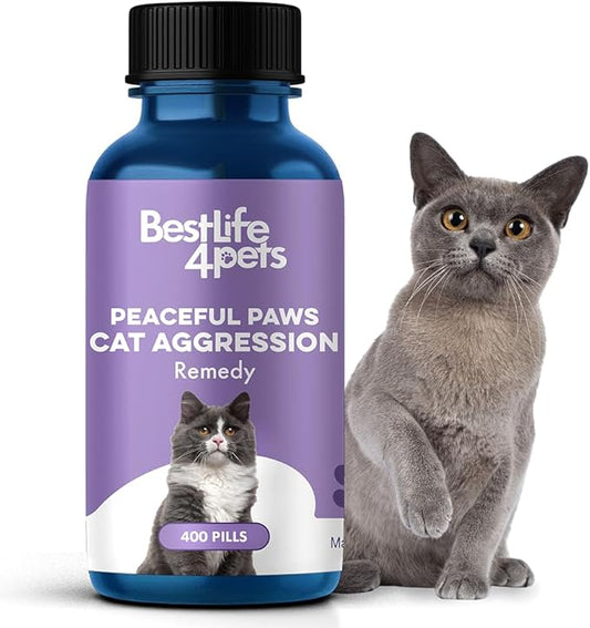 BestLife4Pets Peaceful Paws Cat Calming Pills Aggression & Anxiety Management for Stress, Spraying, Territorial Behavior - Natural Calming Solution for Cats - Non-Drowsy Relief