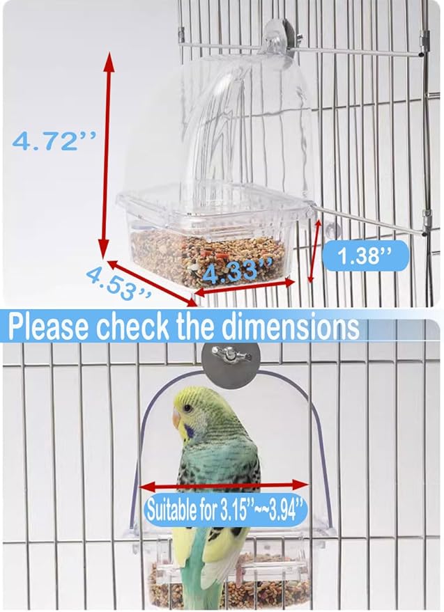 Bird Parrot Feeders, Cage Feeder Dispenser Food Container, Auto Bird Seed Bowl for Small Medium Birds, Cockatiel Canary Cockatoos Parakeet Conure Lovebird, Acrylic Clear