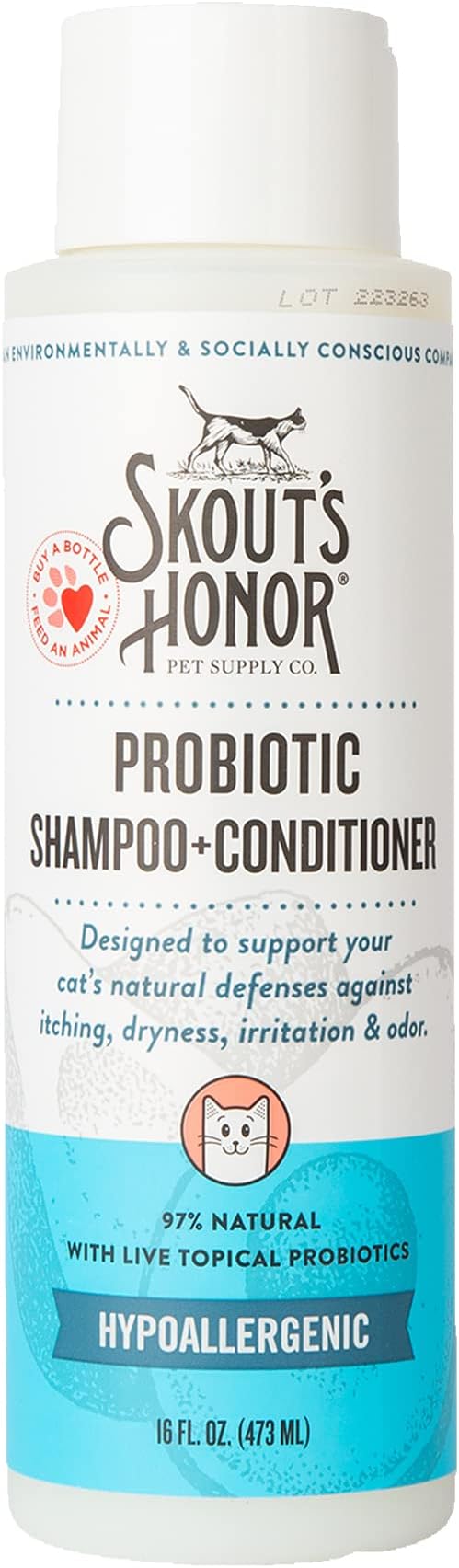 Skout's Honor Probiotic Cat Shampoo & Conditioner with Avocado Oil & Omega-3s, 97% Natural, Paraben & Sulfate-Free, Cruelty-Free, 16oz, Fragrance Free