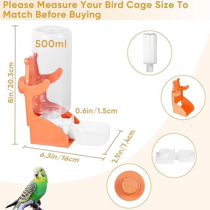 Bird Water Dispenser,No Mess Bird Feeder for Cage, Cockatiel Food,Parrot Cage Accessories,Automatic Bird Drinker for Cage,Parakeet Seed Container Food Feeder Drinker for Cage, Canary Budgies (Orange)