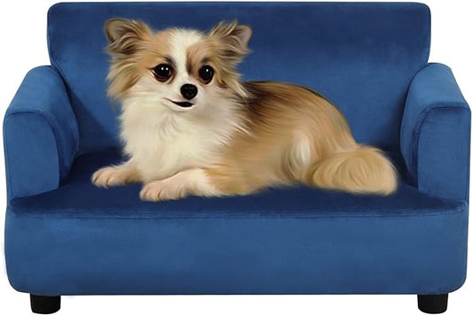 Dog Sofas and Chairs for Small Pet, Pet Sofa Bed with Wooden Frame and Velvet Fabric, Upholstered Dog Bed,Cat Sofa Chair for 45 Pounds Small Animal Using,Blue