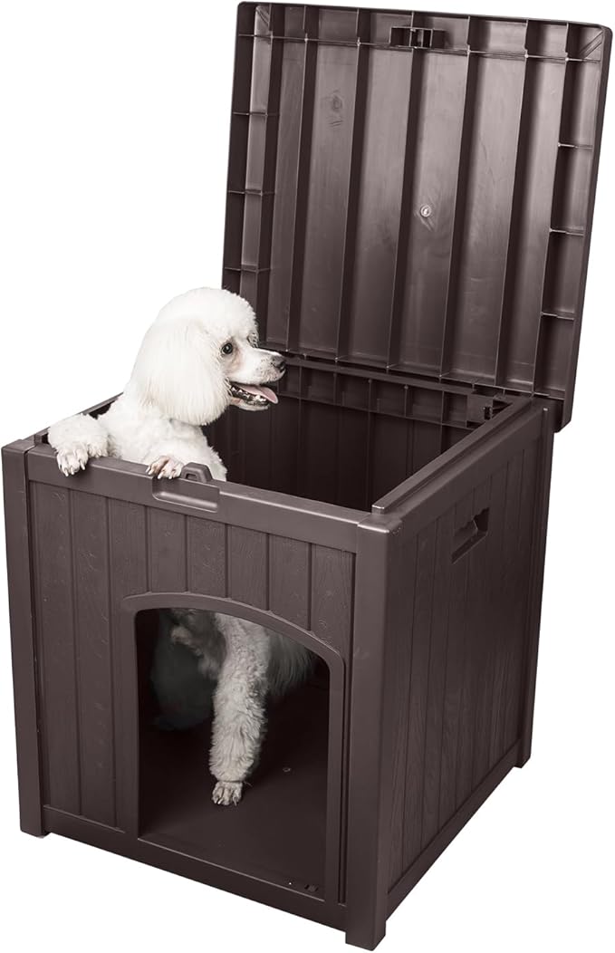 22" Dog House Outdoor with Flip Lid, Small Dog House Indoor Outdoor Weatherproof, Plastic Doghouse for Medium Dogs Outside, Durable Resin Plastic, 220 lbs Top Capacity & Elevated Floor, Brown