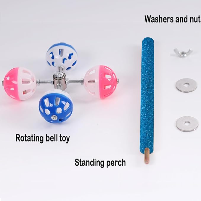 Perch Toy with Rotating Balls Suit for Small and Medium Birds, Budgies, Budgerigars, Parakeets, Parrots, Cockatiels, Parrotlets, Lovebirds, Ringnecks, Conures (Natural Quartz Sands, Blue)