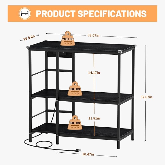 Snughome Fish Tank Stand with Charging Station, 10-29 Gallon Aquarium Stands 3-Tier, Adjustable Fish Tank Shelf for Home Heavy Duty Metal 33.07" x 16.53" x 32.67", Black