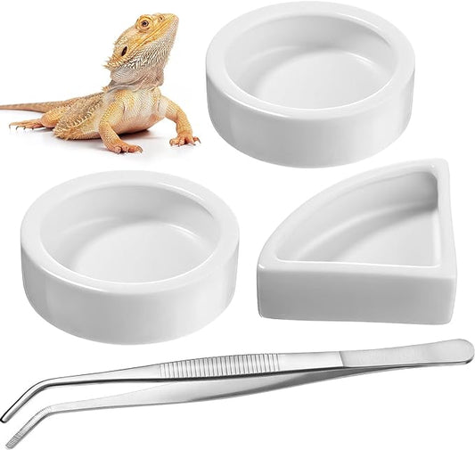 Boao 4 Pcs Reptile Food Water Bowl Set, 2 Round Reptile Food Dish 1 Corner Water Dish and 1 Feeding Tongs for Bearded Dragon Leopard Gecko Hermit Crab Chameleon Lizard Tortoise Spider Pet