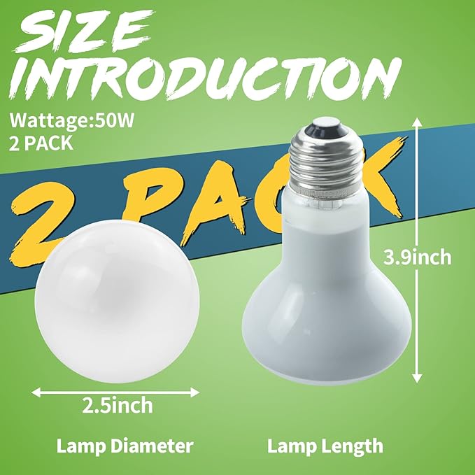 LUCKY HERP 2 Pack 50W Reptile Heat Lamp Bulb (2nd Gen), Amphibian Basking Light Bulb, Reptile Daylight Bulb for Turtle, Bearded Dragon, Lizard Heating Use