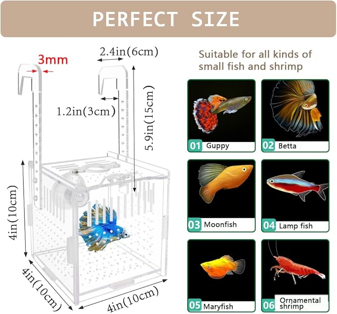 Acrylic Fish Breeding Box with Suction Cups,4x4x4 Inch Breeder Box for Fish Tank,Aquarium Hatchery Incubator for Baby Fishes Shrimp Clownfish,Guppy