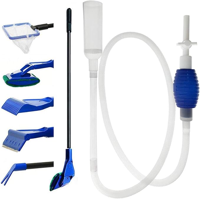 GreenJoy Aquarium Fish Tank Cleaning Kit Tools Algae Scrapers Set 5 in 1 & Fish Tank Gravel Cleaner - Siphon Vacuum for Water Changing and Sand Cleaner (Cleaner Set)