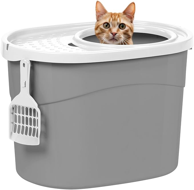 IRIS USA Oval Top Entry Cat Litter Box with Scoop, Kitty Litter Box, Cat Litter Box Enclosure, Large, Gray/White