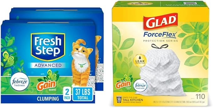 Fresh Step Advanced Clumping Cat Litter with Gain, 37 lbs Total, Extra Large (2 Pack of 18.5lb Boxes) + Glad ForceFlex Protection Series Tall Trash Bags with Febreze, 13 Gal, 110 ct