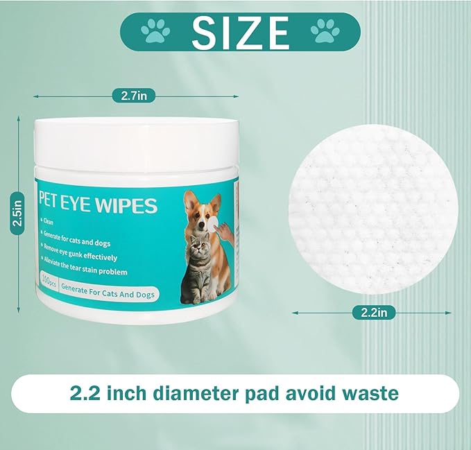 Pet Eyes Wipes for Dogs & Cats, Soft Gentle Tear Stain Remover Wipes, Non-Irritant Presoaked Eye Wash Pads, Natural Unscented Pet Eye Wipes for Remove Tear Stain, Eye Debris, Discharge, 100 Counts