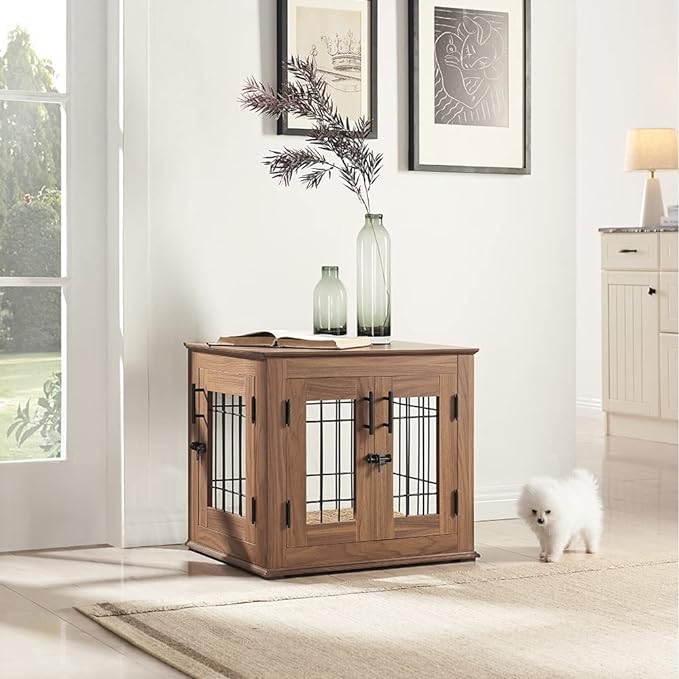 beeNbkks Furniture Style Dog Crate End Table, Double Doors Wooden Wire Dog Kennel with Pet Bed, Decorative Pet Crate Dog House Indoor Medium Large