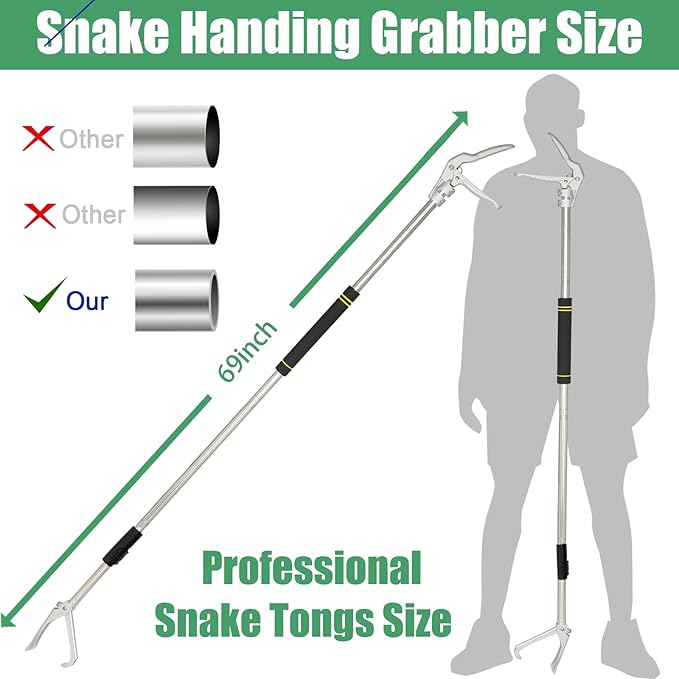 69" Snake Grabber Reacher Tool, Snake Tongs Reptile Grabber Tongs Adjustable Length Long Keep Safe spacing Stainless Steel Sponge Handle Rattle Snake Catcher Wide Jaw (Black)