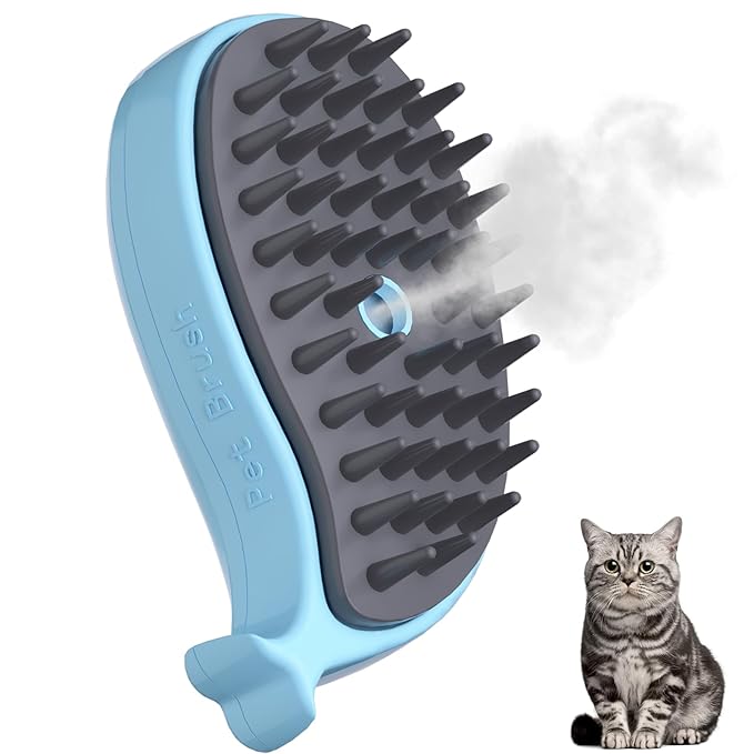 Cat Steam Brush, 3 in 1 Cat Steamy Brush, Silicone Massage Grooming Brush, Pet Hair Self Cleaning Brush Comb for Cats Dogs(Blue Whale)