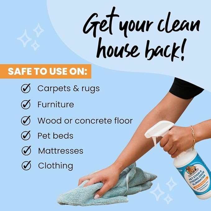 FurryFreshness Extra Strength Cat or Dog Pee Stain & Permanent Odor Remover + Smell Eliminator -Removes Stains from Pets & Kids Including Urine or Blood- Lifts Old Carpet Stains- 32oz Spray