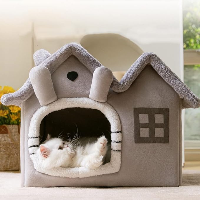 Luxury Double Roof Indoor Dog House Cat Nest,Foldable Warm Soft Kennel,30D High Elastic Memory Sponge,Removable Cushion and Non-Slip Bottom (Grey Double Roof, L)