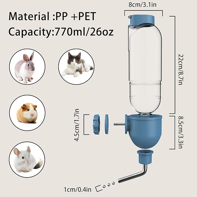 Pet Water Bottle for Cage Crate 26oz Water Dispenser for Small Animal Rabbit Guinea Pig Chinchilla Ferret Squirrel Hedgehog (Blue)
