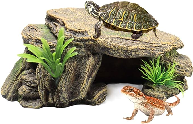 La La Pet® Reptile Hide Box Reptile Hideouts Resin Rock Gecko Hides and Caves Lizard Habitat Decor Small Animal Hideaway Basking Platform for Turtle Spiders Frog Amphibians