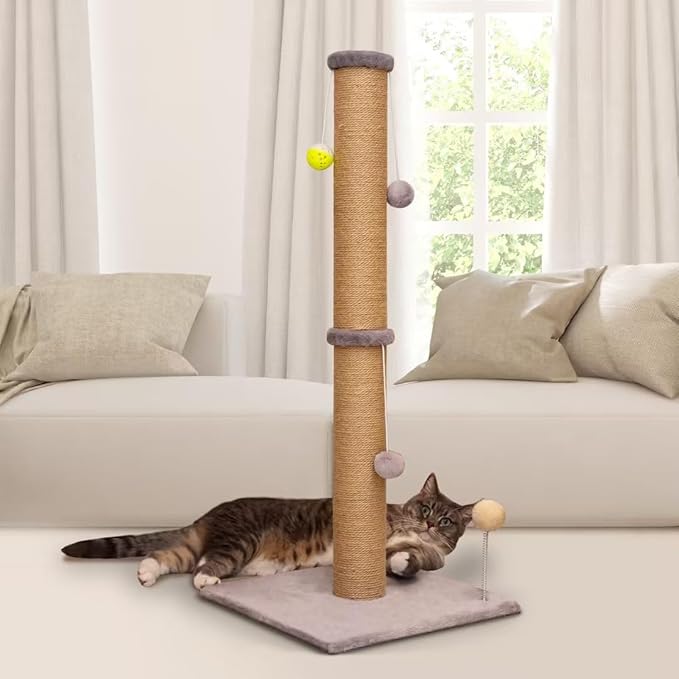 Cat Scratching Post 36 in Tall Large Cat Scratch Post for Indoor Cats with Natural Sisal Rope 3.4 Inch Diameter Scratcher Post Tree Kitten Interactive Toy(Gray)…